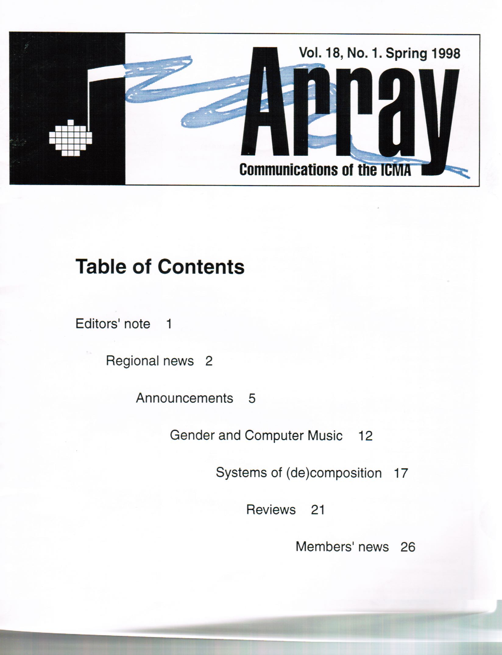 cover array 1998, vol. 18/1